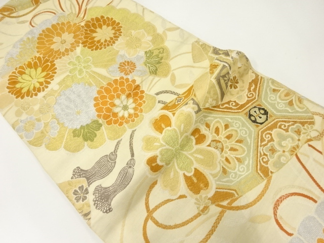 JAPANESE KIMONO / ANTIQUE MARU OBI / WOVEN FAN & KIKU
